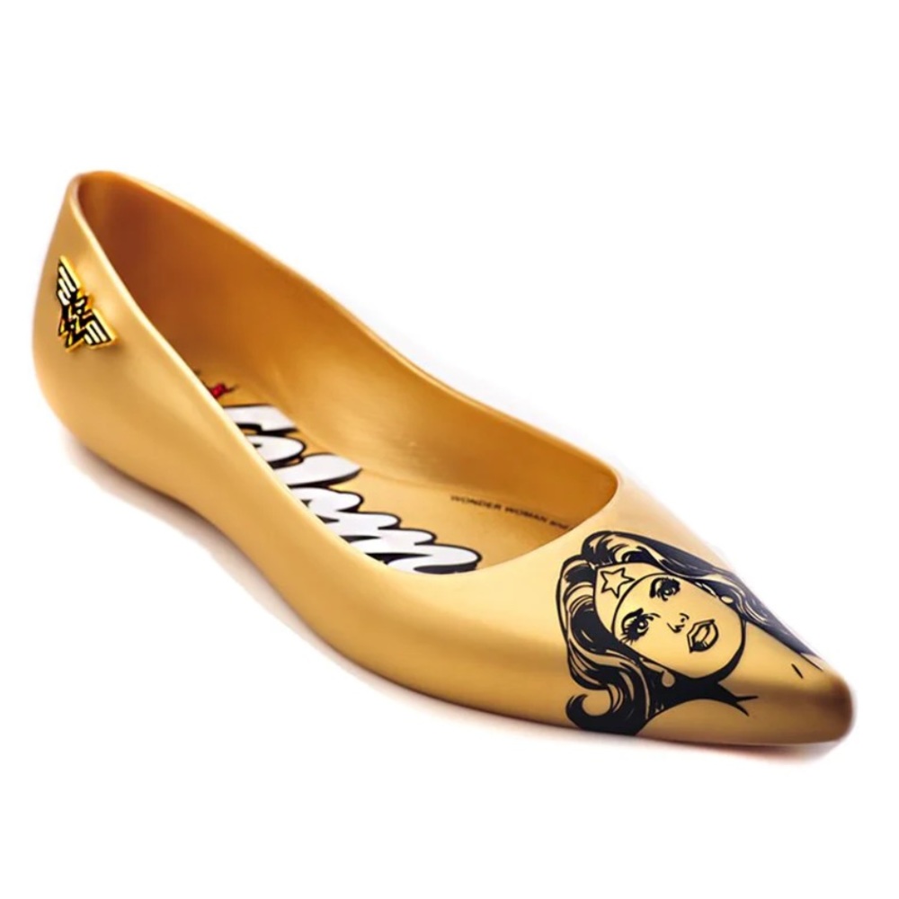 Melissa Glam Flats Pointed Toe Wonder Woman Collaboration Gold Graphic Shoes